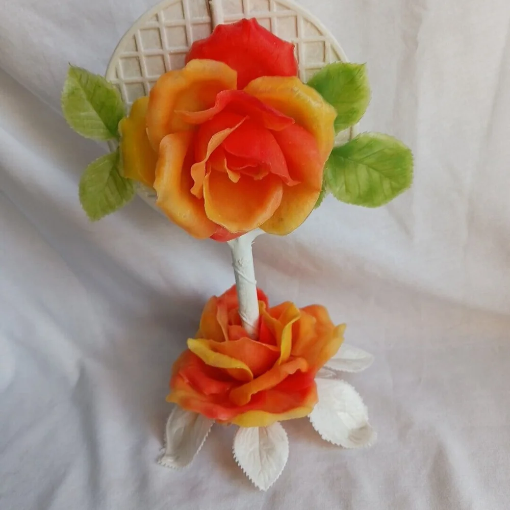Vintage Handheld Mirror Orange Roses Plastic